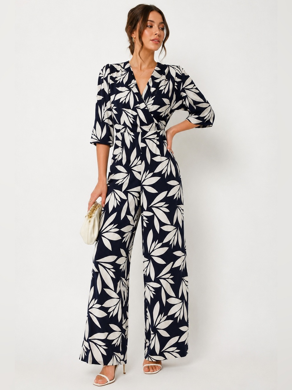 ASOS Floral Leaf Print Wide Leg Jumpsuit Navy Cream Wrap Front Size US 4